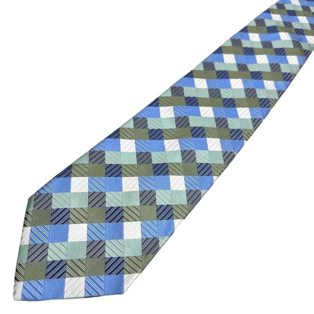 Geoffrey Beene Necktie Silk Classic Handmade‎ Square Blue Green Men 58 x 3.5